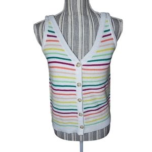Loft women's white stripe multi button front  100% cotton knit tank top size M